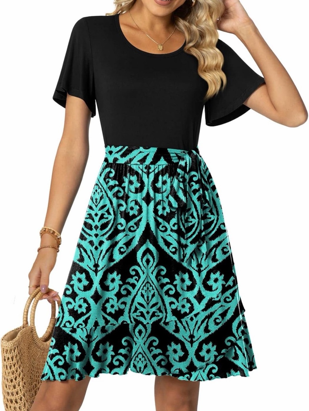 Amazon Black & Turquoise Patterned Women’s Short Sleeve Dress